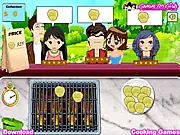 Screenshot of Valentine BBQ Party cooking game, showing a grill with various meats and vegetables being cooked and ready to serve.
