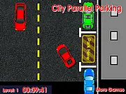 City Parallel Parking game screenshot, car attempting to parallel park between two vehicles on a busy street, driving simulator