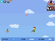 Peppy Mileage Ace free online game screenshot, showing a small character jumping between floating arcade game items