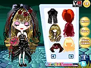 Chic Gothic Bride free online game screenshot showing a bride in an elegant black gothic wedding dress and dark floral bouquet.