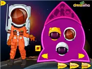 Screenshot of the Astronaut Girl dress up game showing a girl model in a stylish space suit standing against a starry background, ready for launch.