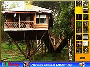 Screenshot of Hidden Spots Tree House game, showing a detailed illustration of a cozy forest tree house with small, hard-to-find spots hidden throughout the image, a free online puzzle game.