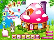 Screenshot of Decorate My Mushroom House game, showing a customizable fairy tale mushroom house in a magical forest setting, a free online design game.