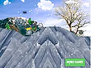 The Incredible Hulk riding a motorcycle on a snowy, difficult obstacle course in Hulk Snow Bike Ride online game