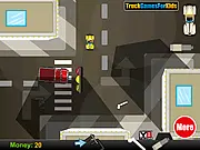 Truck Picking Up Parts Online screenshot showing a large blue truck maneuvering around a city corner while attempting to collect a glowing truck part on the street.