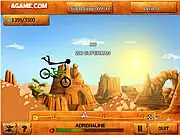 Stickman Downhill game showing a stick figure on a BMX bike performing a stunt over a large dirt ramp on a downhill circuit.