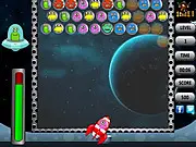 The Alien Bubbles Shooter game screen showing a cannon aiming a colored bubble at a cluster of many multi-colored bubbles at the top of the screen.