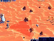 Screenshot of Mars Commando game showing military commandos placed strategically around a Mars outpost defending against waves of aliens in a tactical grid view.