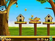 Robbed Eggs Puzzle Shooter Online game screenshot showing an egg mid-flight being launched toward a nest protected by several wooden block obstacles.