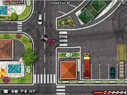 18 Wheels Driver 3 gameplay screenshot showing a large red semi-truck with a trailer driving through a town street during a delivery mission.