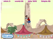 Screenshot from Funny Girlfriend launch game showing a cartoon girlfriend hitting her boyfriend with an object, sending him flying down a street toward a distant market. Play Funny Girlfriend free online.