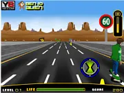 Ben 10 on a skateboard on a highway, avoiding obstructions and collecting special items in the free online game