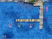 Port Valet free online game screenshot showing a large yacht being carefully maneuvered toward a tight docking slip in a busy harbor.