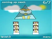 Gameplay screenshot of Penguin Stack showing several cartoon penguins precariously stacked on a wobbly iceberg platform in the middle of a blue ocean.