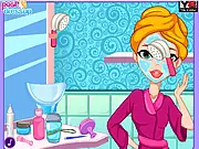 Screenshot of the Dance Night Makeover game showing a girl with a flawless makeup application and a glamorous party dress.