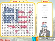 Online word search puzzle grid with US States names hidden, letters highlighted to show a completed word.