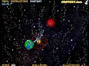 Screenshot of Evil Asteroids 2 game showing a sun, planets, and a beam of energy curving around objects to hit a target asteroid.