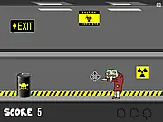 Gameplay screenshot of Horror Lab Zombie Shooter showing the player's crosshair aimed at a zombie running through a laboratory corridor.