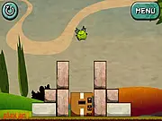 Aliens in the Box Revenge free online game screenshot, showing little green aliens on a precarious structure waiting to be dropped into a box