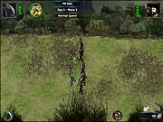 The game screen for Battle for Darkness, showing an army of shadowy, monstrous units advancing across a map towards a glowing castle defended by heroic knights, with a large, intimidating Titan figure looming in the background.