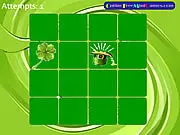 Screenshot of St Patricks Pairs showing face-down and face-up cards with shamrocks, leprechauns, and pots of gold. Play the free online memory game.