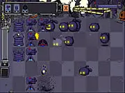Screenshot of Synchronoir tower defense game showing a battlefield with various advanced weapons like Tesla towers firing at dark, menacing creatures