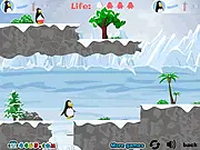Two determined penguin characters in Penguin Wars, standing on a snowy battlefield preparing to fight a polar bear opponent.