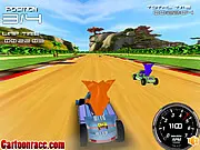 3D racing game screen showing Crash Bandicoot driving a racing kart at high speed on a bright, colorful track during an online tournament.