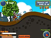 Gameplay screenshot of Go Get Her showing a car driving over a steep green hill and collecting gold coins