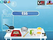 Zucchini and Egg cooking game screenshot showing a virtual kitchen with ingredients and the finished dish, play free online recipe game