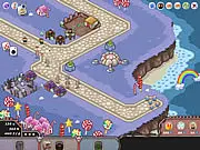 Demons vs Fairyland gameplay screenshot showing demon-themed towers placed along a winding path to defend against an invasion of fairyland. Free tower defense game.