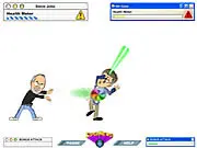 Gates Vs Jobs free online fighting game screenshot showing Bill Gates and Steve Jobs fighting with cartoon characters