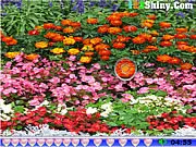 Screenshot from Hidden Hearts Flower Garden game showing a lush garden with several heart shapes subtly hidden among the flowers and plants.