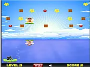 Screenshot of the game Hungry Honey Bee showing a small, bright yellow bee character flying near colorful flowers and tricky green platforms in a fantasy garden setting.