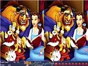 Screenshot of the Belle and Beast: Find 10 Differences game showing two cartoon images of the characters side-by-side with a timer counting down.