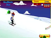 Beyblade Skier free online game, play downhill skiing arcade game, dodge rocks and do tricks on ramps, Beyblade game