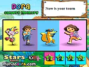 Dora the Explorer and her friends, including Boots and Swiper, displayed in different colors for the Dora Colours Memory online game.
