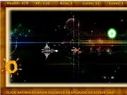 Screenshot of Space Patroling online game showing a spaceship firing lasers at enemy alien ships in the blackness of space
