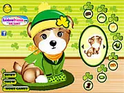 Cute puppy named Patrick wearing a green St. Patrick's Day outfit with a shamrock pattern in a dress up game screen.