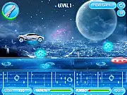 Car Jump Racing online game, bright neon car jumping over a large hole while shooting a UFO, free arcade action game