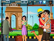 A young tourist couple trying to share a secret kiss on a busy street corner while a nearby character is about to turn and notice them in the free online game Tourist Kissing