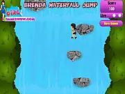 Brenda, a girl in sporty gear, preparing to jump from a rock near a rushing waterfall in the Brenda Waterfall Jump online game.