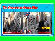 The Spectacular Spiderman Photo Hunt online game screenshot showing Spiderman swinging in a heroic pose against a city backdrop with a camera viewfinder overlay