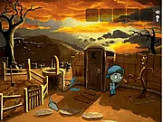 The character Zomboy standing in a dimly lit, mysterious room, looking for clues in the point-and-click puzzle game.