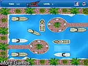 Boat Park free online parking game screenshot, showing a boat being carefully maneuvered into a designated docking spot in a crowded marina.