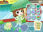 The 'Walking The Pig In The Rain' game screen showing a styled piglet wearing a colorful raincoat and boots with a girl.