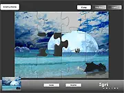 Screenshot of the Fantasy Spacescapes Jigsaw online game showing several scattered puzzle pieces over a background image of a colorful space nebula.