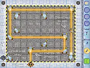UFO Lazzle free online puzzle game screenshot, showing a spaceship and colored laser beams reflecting off mirrors to recharge power cells.