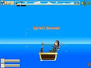 Psychic Arrow game screenshot showing an arrow aiming device and cartoon pirate targets moving across a background, free online aiming game