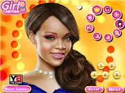 Rihanna Real Makeover free online game screenshot, showing the famous recording artist receiving a beauty and fashion makeover before her concert.